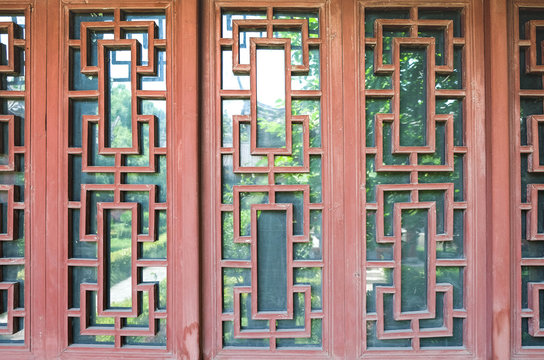 Wooden Chinese style window, door and wall, entrance, exit, background