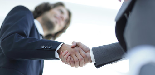 Successful business people handshaking after good deal.