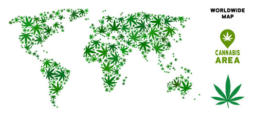 Cannabis world map composition of marijuana leaves. Narcotic distribution template. Vector world map is made of green cannabis leaves. Abstract territorial plan in green color hues.