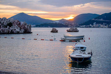 Summer sunset in Przno bay in Montenegro 