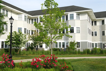 apartment buildings exterior with spring tree and flower