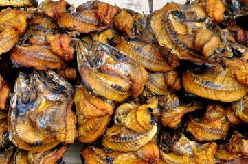 Close up birds eye view of dried fish on sale in a market