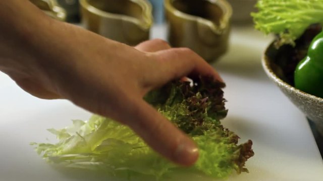 Closeup of hands of male cook cutting fresh lettuce leaves with knife while making salad