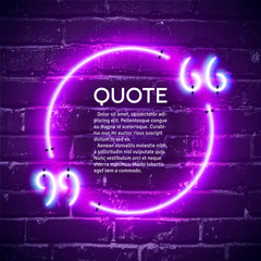 Retro neon glowing quote marks frame on the wall