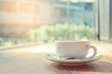 hot coffee cup on table at morning. relax time