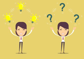 women with lamp and question mark. Stock flat vector illustration.