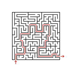 Black square maze with entrance and exit. A game for children and adults. Simple flat vector illustration isolated on white background. With the answer.