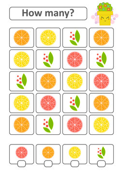 Game for preschool children. Count as many fruits in the picture and write down the result. With a place for answers. Simple flat isolated vector illustration.