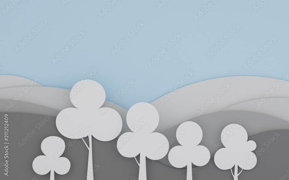 Poster Paper art scene of flat round tree on layer of mountain background,Minimal concept of forest,3D rendering