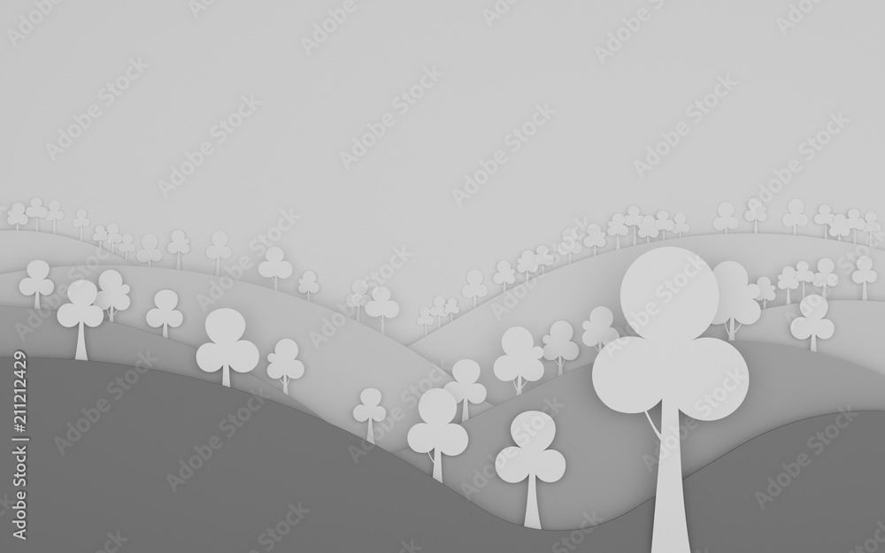 Poster Paper art scene of flat round tree on layer of mountain background,Minimal concept of forest,3D rendering