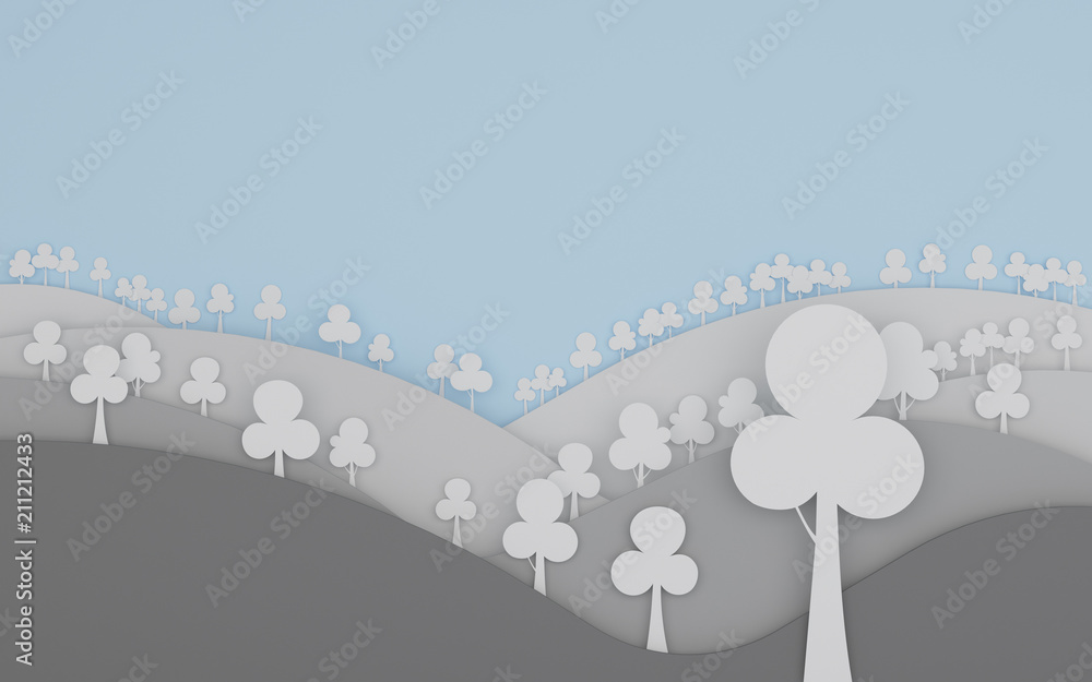 Poster Paper art scene of flat round tree on layer of mountain background,Minimal concept of forest,3D rendering