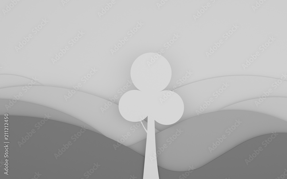 Poster Paper art scene of flat round tree on layer of mountain background,Minimal concept of forest,3D rendering