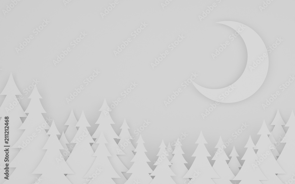 Poster paper art scene of pine tree and the moon on white background,Minimal concept of forest in the night,3D rendering