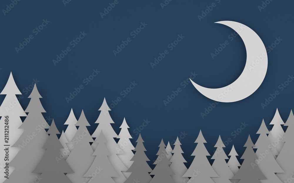 Poster paper art scene of pine tree and the moon on white background,Minimal concept of forest in the night,3D rendering