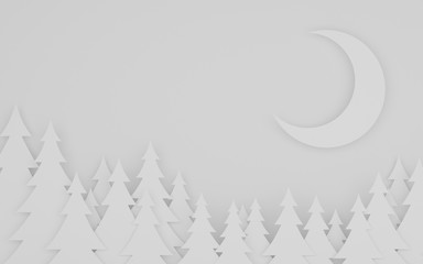 Obraz premium paper art scene of pine tree and the moon on white background,Minimal concept of forest in the night,3D rendering