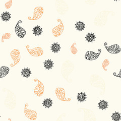 Light Orange vector seamless doodle background with leaves and flowers.
