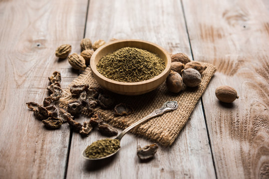 Indian ayurvedic Triphala churan or trifala powder is an ancient medicine for bowel movement or indigestion problems. Selective focus