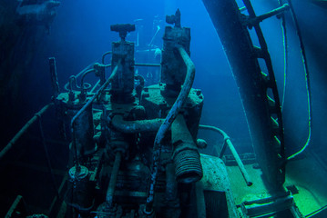 An underwater shot inside a room in the shipwreck of the Kittiwake that uses natural light as...