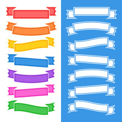Fototapeta premium Set of flat isolated colored ribbons and banners on white and blue background. Simple flat vector illustration. With place for text. Suitable for infographics, design, advertising, festivals, labels.