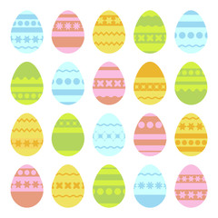 Set of colored isolated Easter eggs on a white background. With an abstract pattern. Simple flat vector illustration. Suitable for decoration of postcards, advertising, magazines, websites.