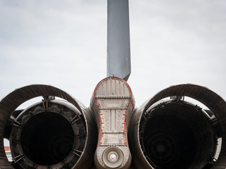 Rear view of older military jet fighter