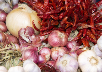 Red chilli, Shallots, Onion, garlic, Herbs for Cook. Thailand Food.