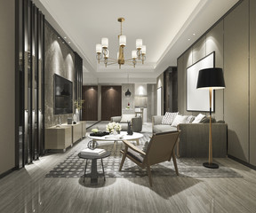 3d rendering luxury and modern living room with sofa and dining table