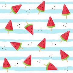 Watermelon  ice cream seamless pattern on blue stripes background