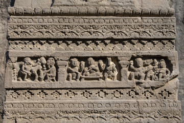 Rock carvings texture background of Ellora Caves in Aurangabad, India . A UNESCO world heritage site in Maharashtra, India