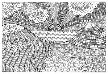 Doodle surreal landscape - coloring page for adults. Fantastic graphic artwork. Vector illustration