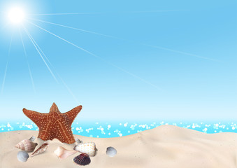 Fototapeta na wymiar Seashells on Seashore - Beach Holiday Background with White Sand and Glittering Sea in Background Illustration, Vector