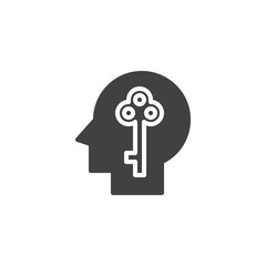 Key in human head vector icon. filled flat sign for mobile concept and web design. Open mind simple solid icon. Unlock symbol, logo illustration. Pixel perfect vector graphics