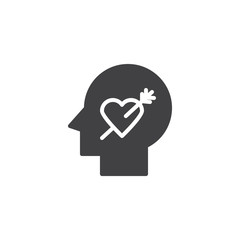 Human head with heart and arrow vector icon. filled flat sign for mobile concept and web design. Passion mind simple solid icon. Symbol, logo illustration. Pixel perfect vector graphics