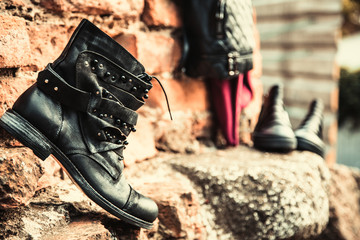 Black leather sneakers, women's shoes and handbags