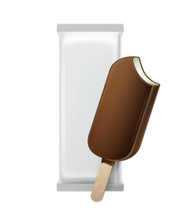 Vector Classic Bitten Popsicle Choc-ice Lollipop Ice Cream in Chocolate Glaze on Stick with White Plastic Foil Wrapper for Branding Package Design Close up Isolated on Background