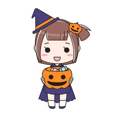 魔法使いの仮装をした女の子　お菓子のバケツ