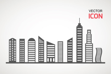 Fototapeta premium Flat Buildings, skyscrapers, business center, offices and houses vector illustration. Modern city, Urban landscape concept. Vector city buildings silhouette icons