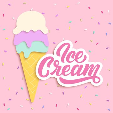 Ice Cream hand lettering, custom typography, with papper cut art cartoon on pink background. Vector type food illustration.