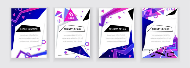 Vertical white banners with neon blue pink abstract design elements., thin icons. Vector technology background.