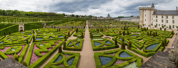 Panoramic views of the gardens at the Chateau of Villandry, located in the Indre et Loire region of France