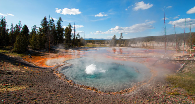 Firehole Spring erupting on Firehole Lake Drive in Yellowstone National Park in Wyoming United States