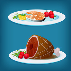 Plates with Grilled Fish, Meat and Vegetables