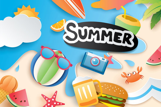Hello summer with paper cut symbol icon for vacation beach background. Art and craft style. Use for banner, poster, card, cover, stickers, badges, illustration design.