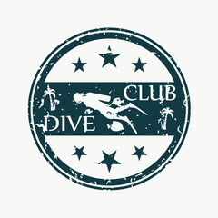 Silhouette of diver. Graphic design of stamp. The concept of sport diving.