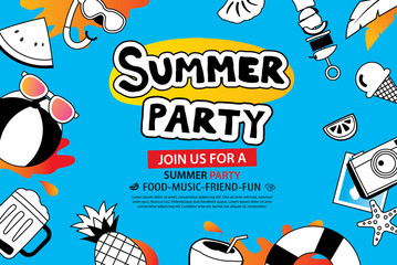 Summer party with doodle icon and design on blue background. Invitation poster in hand drawn style. Use for labels, card, tag, stickers, badges, flyer, banner, vector illustration.