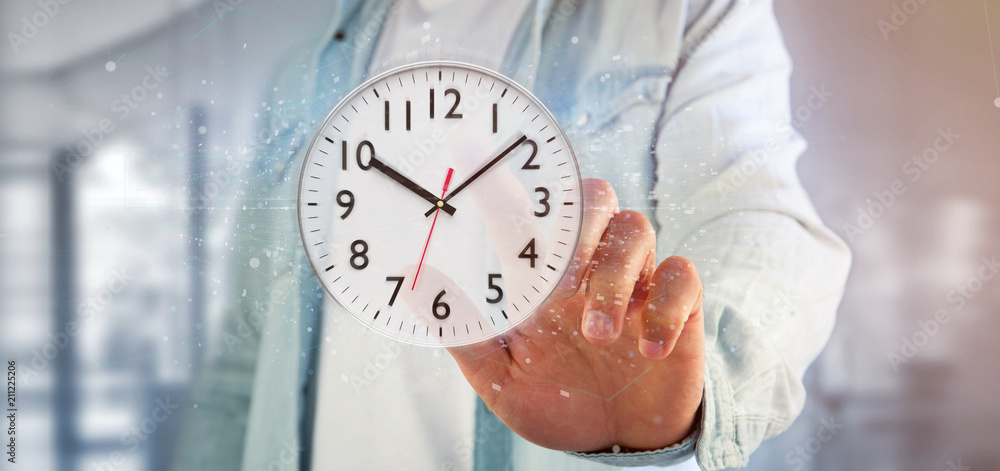 Poster man holding a clock timer 3d rendering