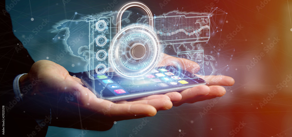 Poster man holding a padlock security technology interface 3d rendering