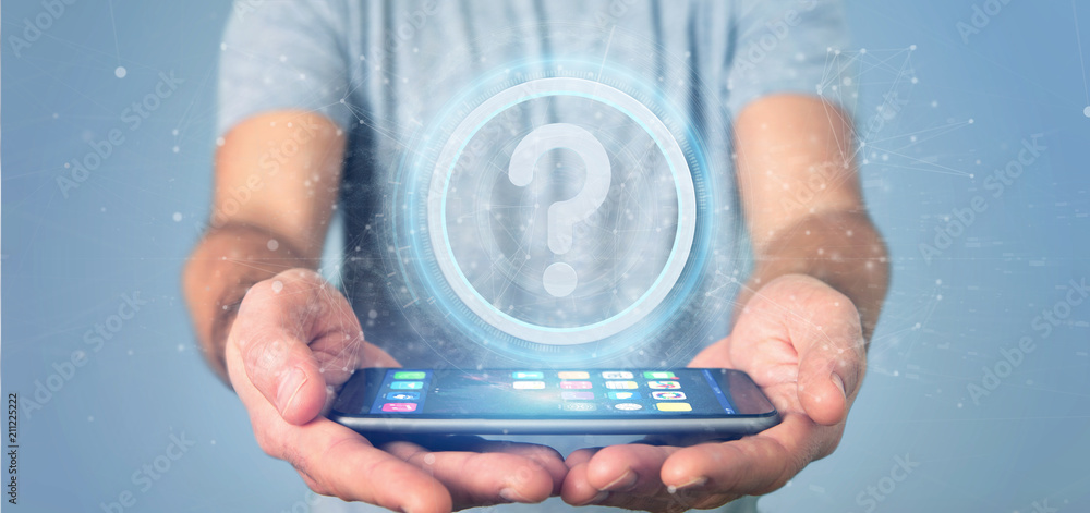 Poster man holding a technology question mark icon on a circle 3d rendering