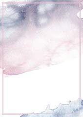 Light pink and cold grey abstract brush strokes painted in watercolor surrounded by pastel double frame on clean white background. International A4 paper size template