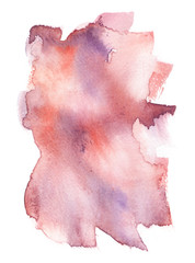 Pale red and purple blots and brush strokes painted in watercolor on clean white background